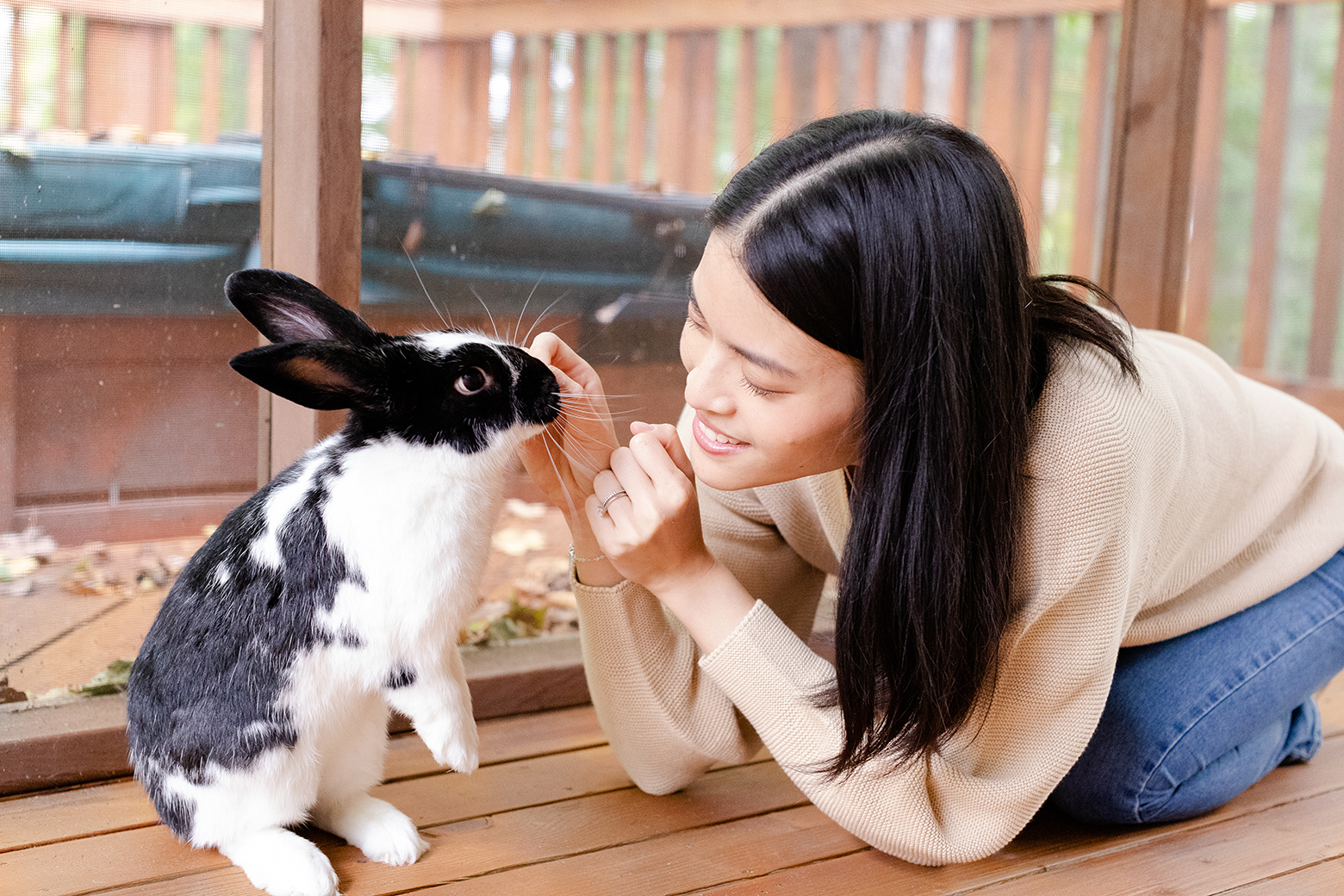Oreo the Rabbit interacting with his human Belle Oreo the Rabbit interacting with his human Belle